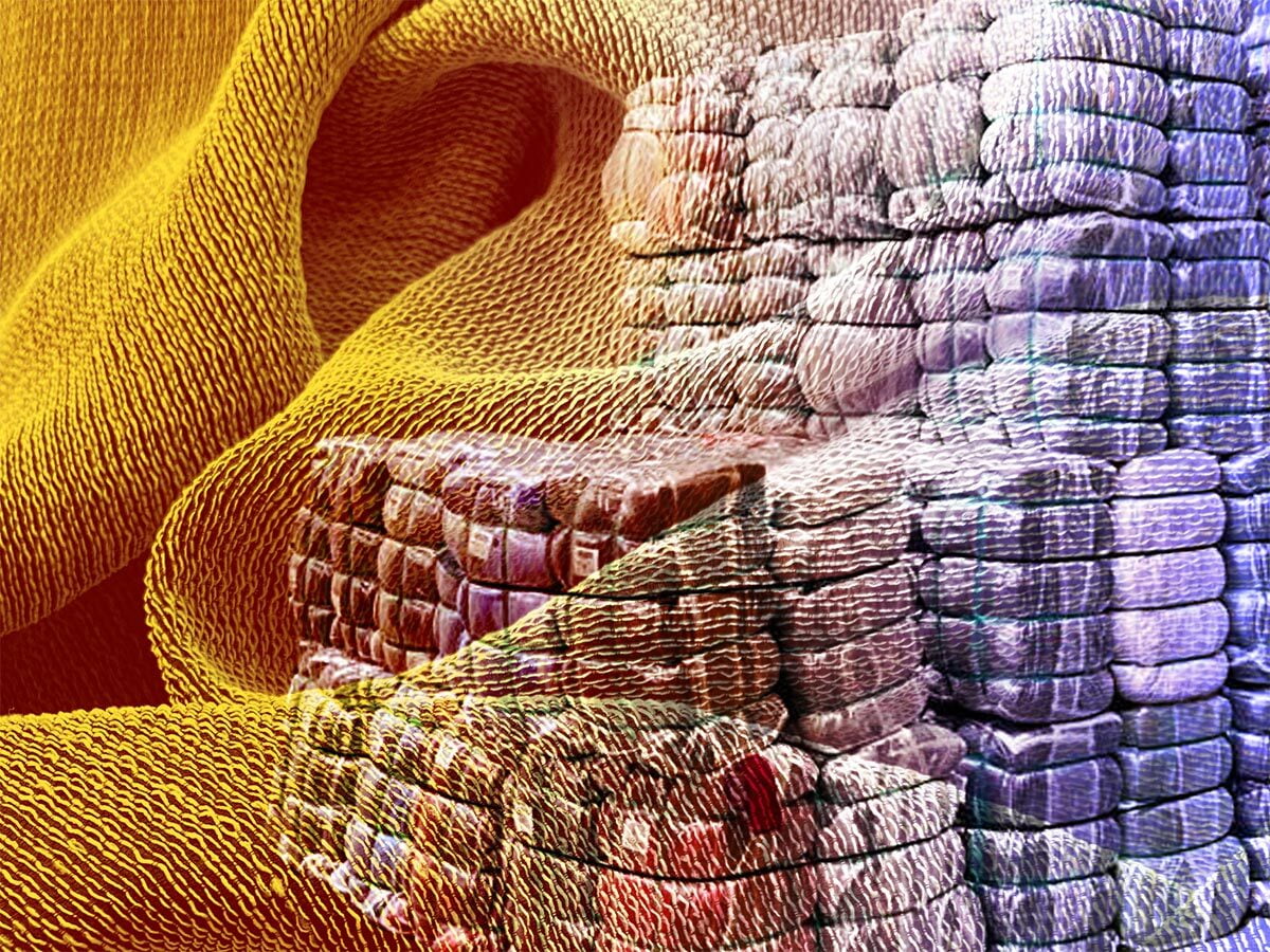 Composite image of fabric bundles and finished fabric